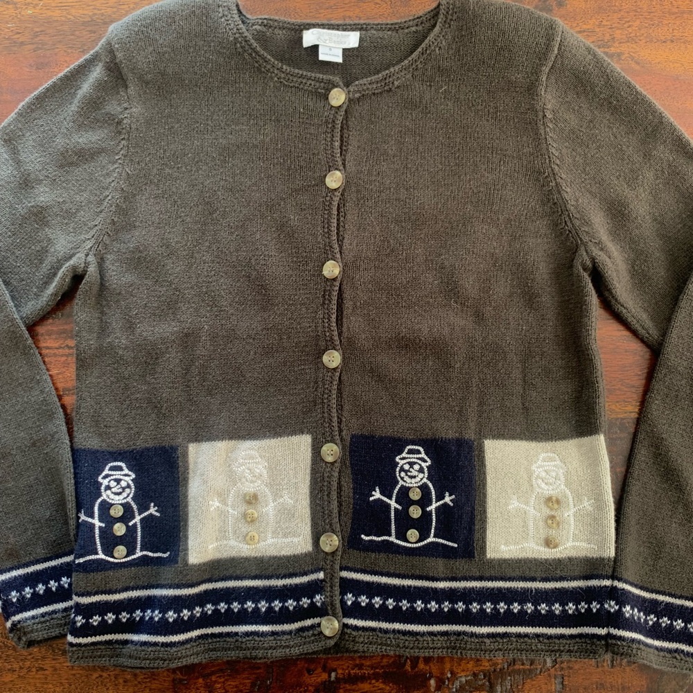 Christopher & Banks Snowman Christmas Sweater, Button Up Small Shoulder Pads